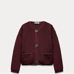 Zara Dark Burgundy Knit Cardigan with Gold Buttons